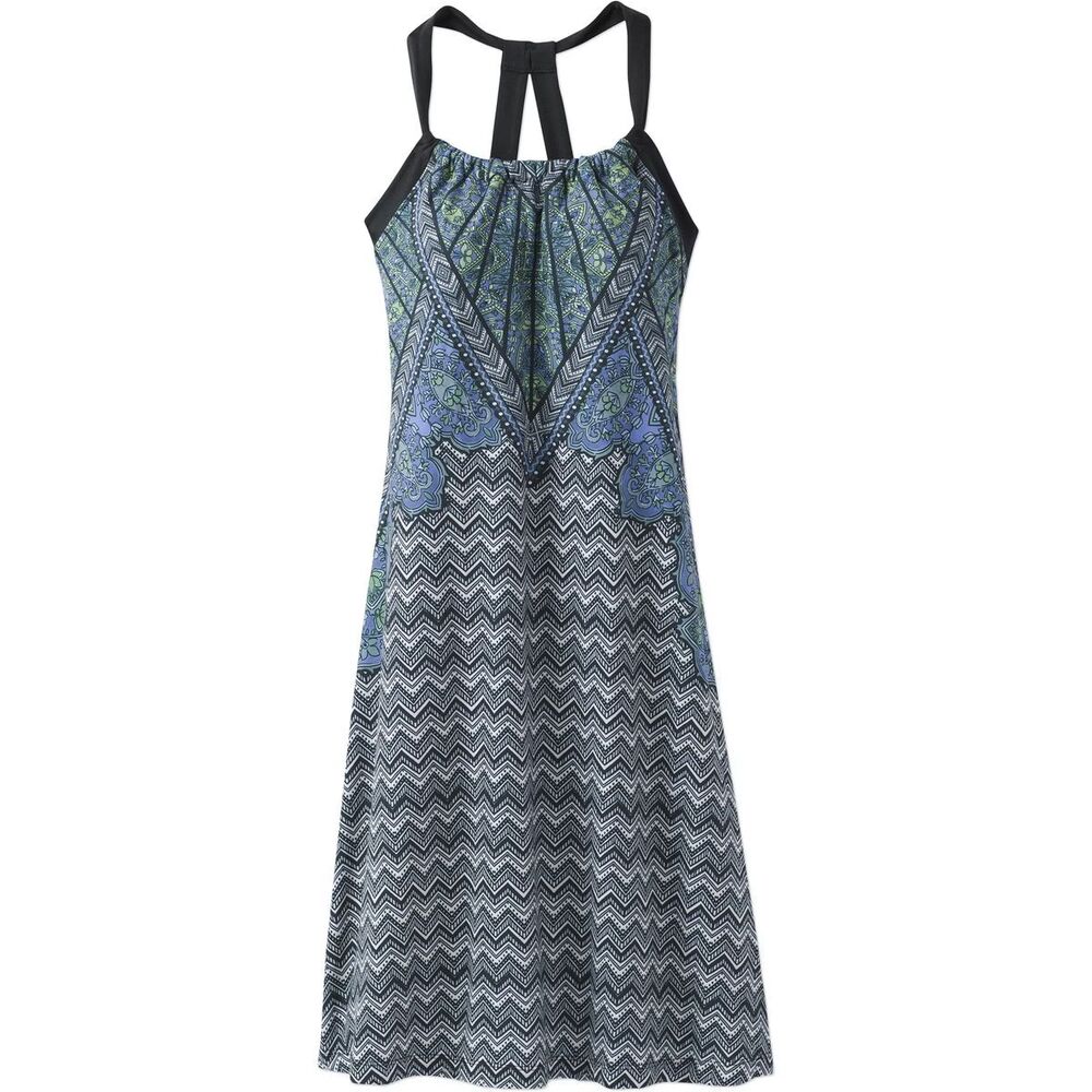 prAna Hiking Quinn Dress sz S Paisley Chevron Print Shelf Bra Fit Flare UPF 50+
